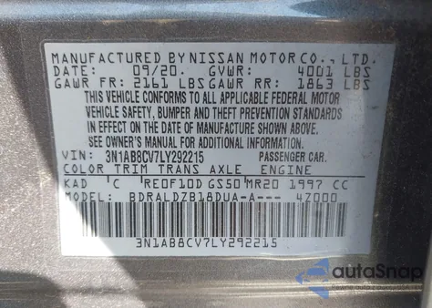 2020 Nissan Sentra Sv Xtronic Cvt from USA, damaged, VIN 3N1AB8CV7LY292215
